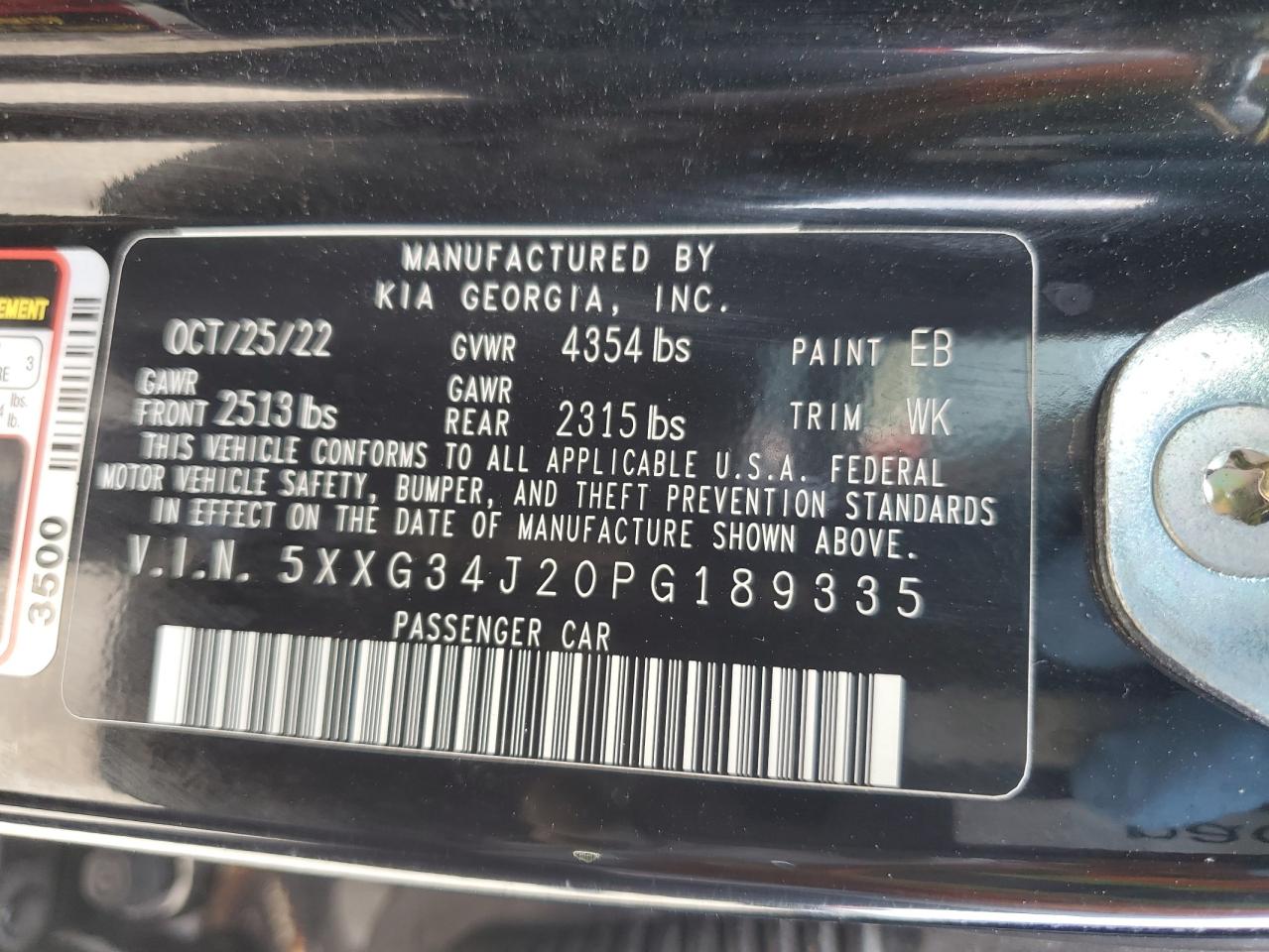 2023 KIA K5 EX VIN:5XXG34J20PG189335