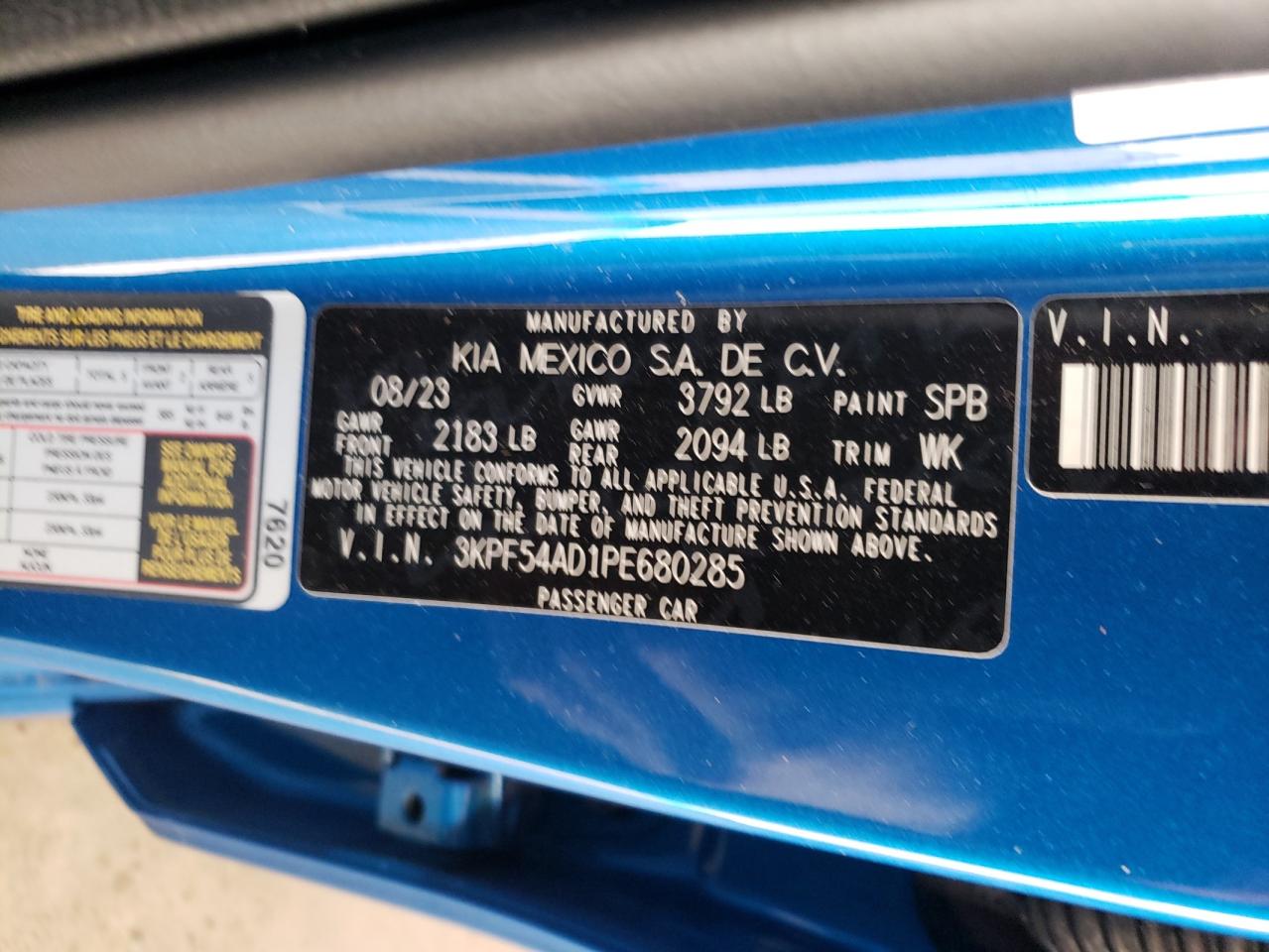 2023 KIA FORTE GT LINE VIN:3KPF54AD1PE680285