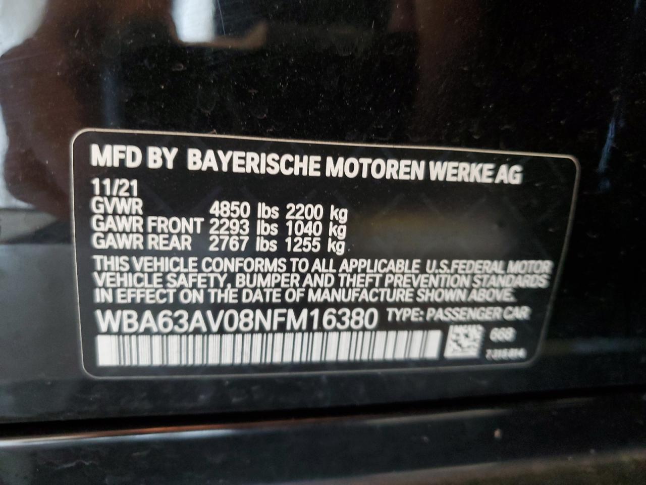 2022 BMW 430I GRAN COUPE VIN:WBA63AV08NFM16380