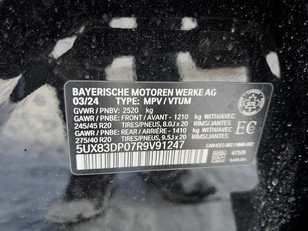 2024 BMW X3 M40I VIN:5UX83DP07R9V91247