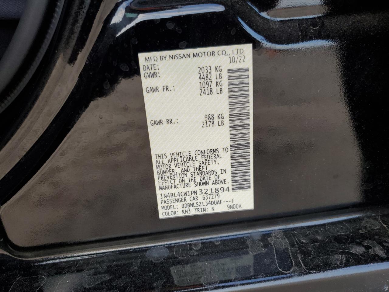 2023 NISSAN ALTIMA SR VIN:1N4BL4CW1PN321894