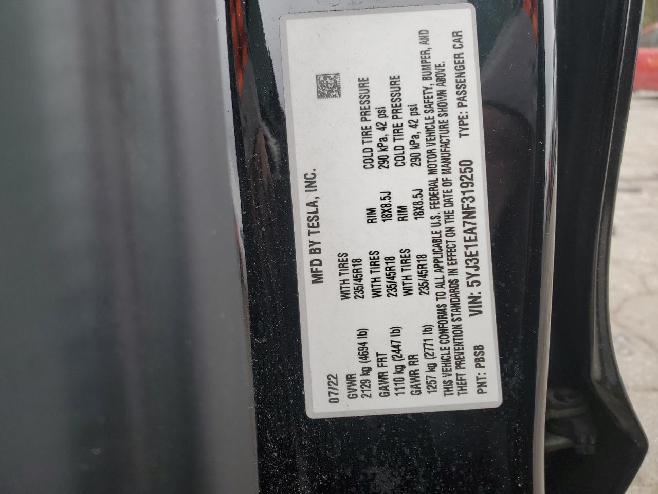 2022 TESLA MODEL 3  VIN:5YJ3E1EA7NF319250
