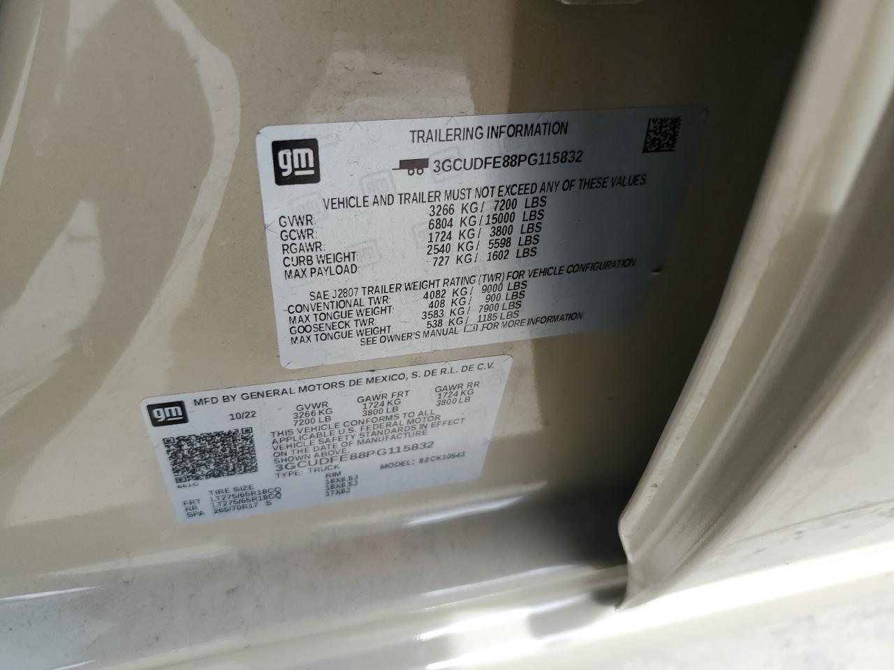 2023 CHEVROLET SILVERADO K1500 LT TRAIL BOSS VIN:3GCUDFE88PG115832