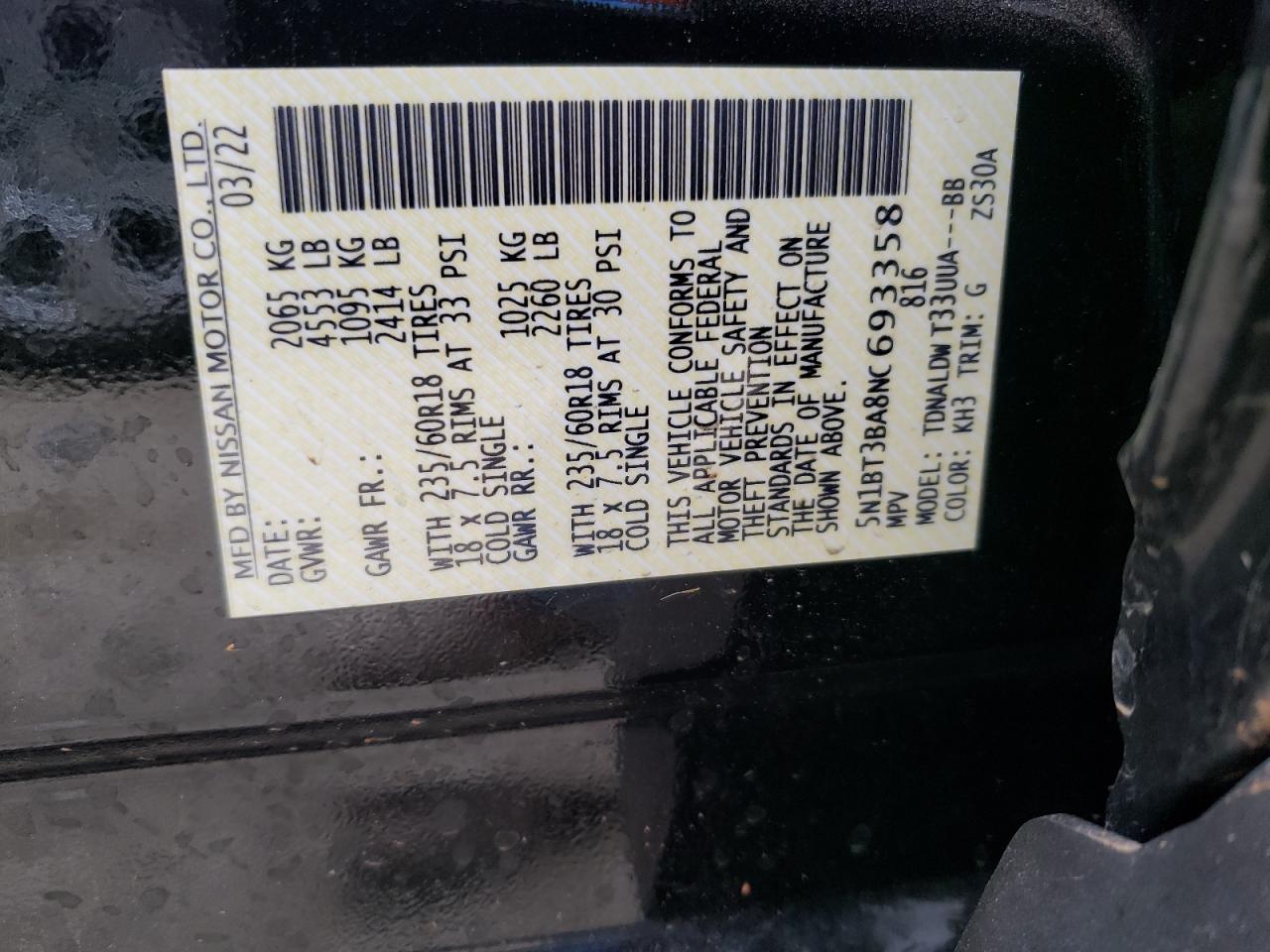 2022 NISSAN ROGUE SV VIN:5N1BT3BA8NC693358