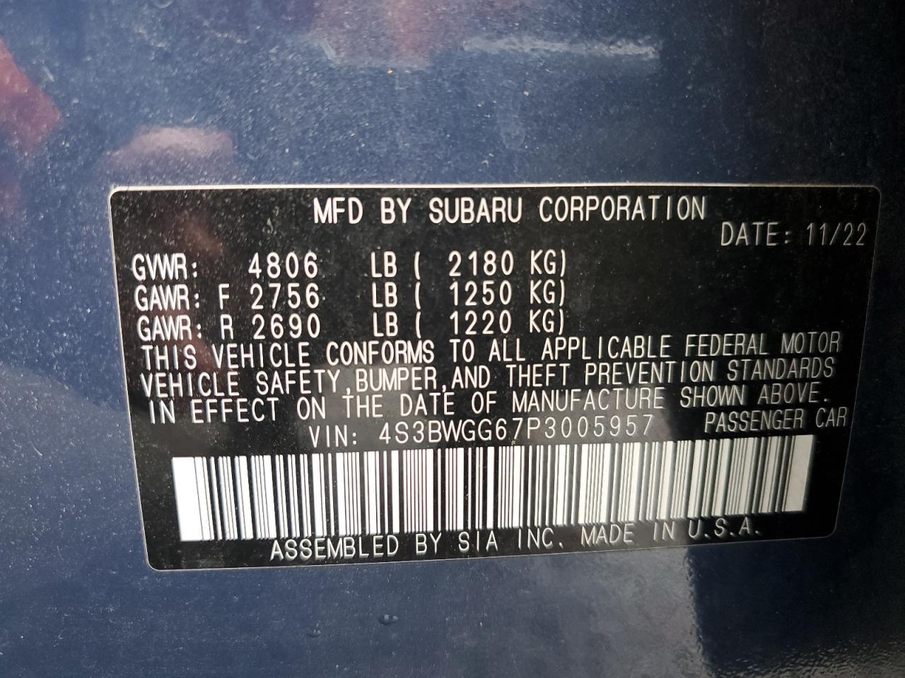 2023 SUBARU LEGACY SPORT VIN:4S3BWGG67P3005957