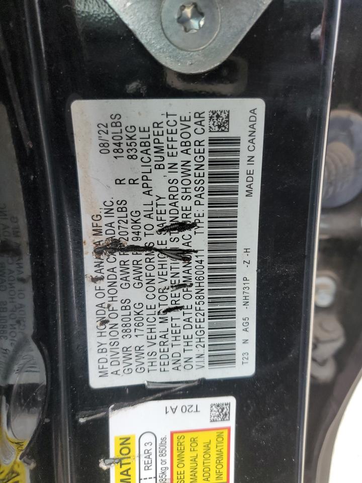 2022 HONDA CIVIC SPORT VIN:2HGFE2F58NH600411