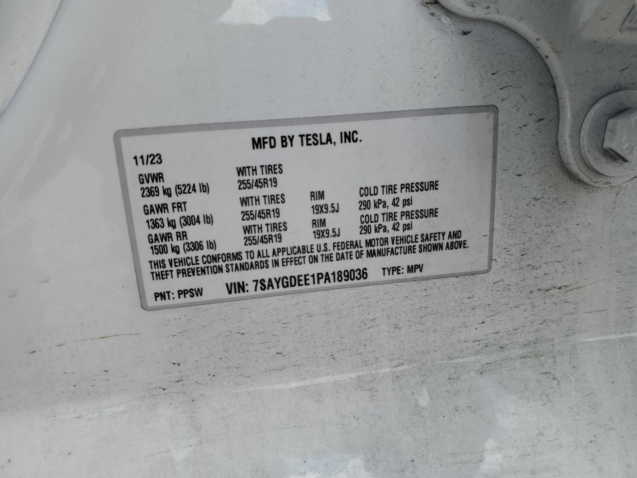 2023 TESLA MODEL Y VIN:7SAYGDEE1PA189036