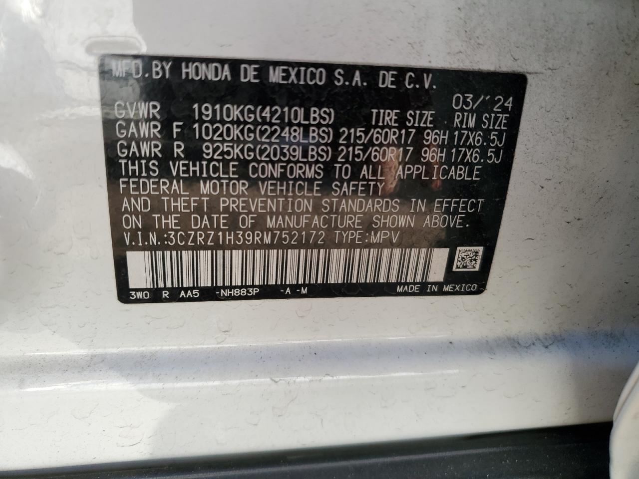 2024 HONDA HR-V LX VIN:3CZRZ1H39RM752172