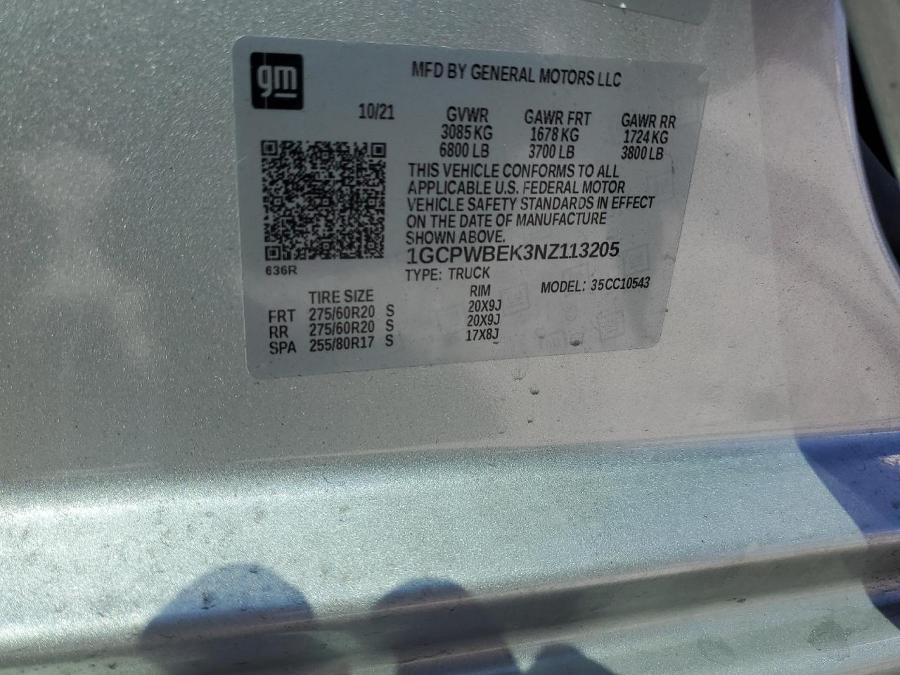 2022 CHEVROLET SILVERADO LTD C1500 CUSTOM VIN:1GCPWBEK3NZ113205