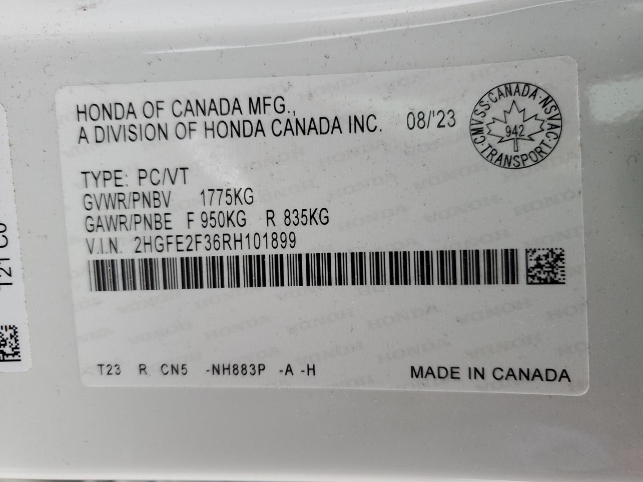 2024 HONDA CIVIC EX VIN:2HGFE2F36RH101899