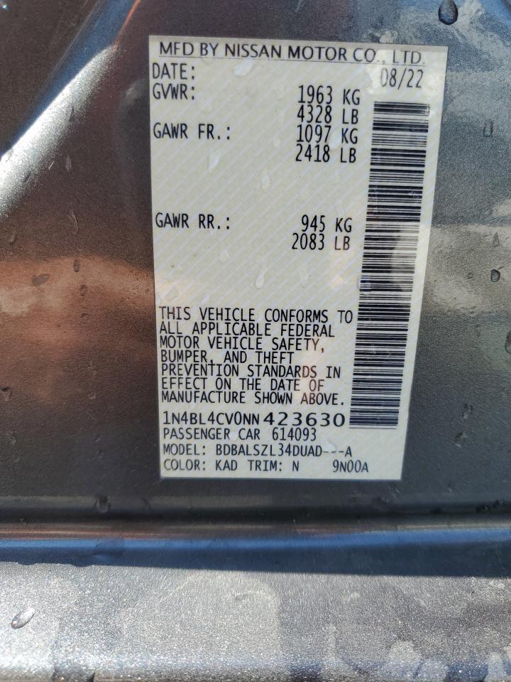 2022 NISSAN ALTIMA SR VIN:1N4BL4CV0NN423630