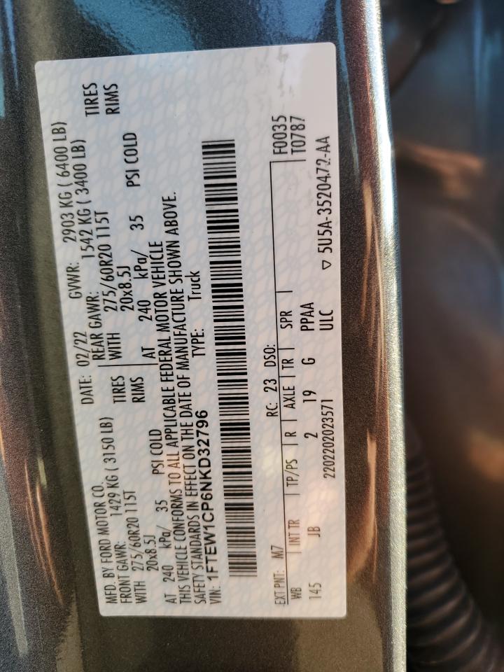 2022 FORD F150 SUPERCREW VIN:1FTEW1CP6NKD32796