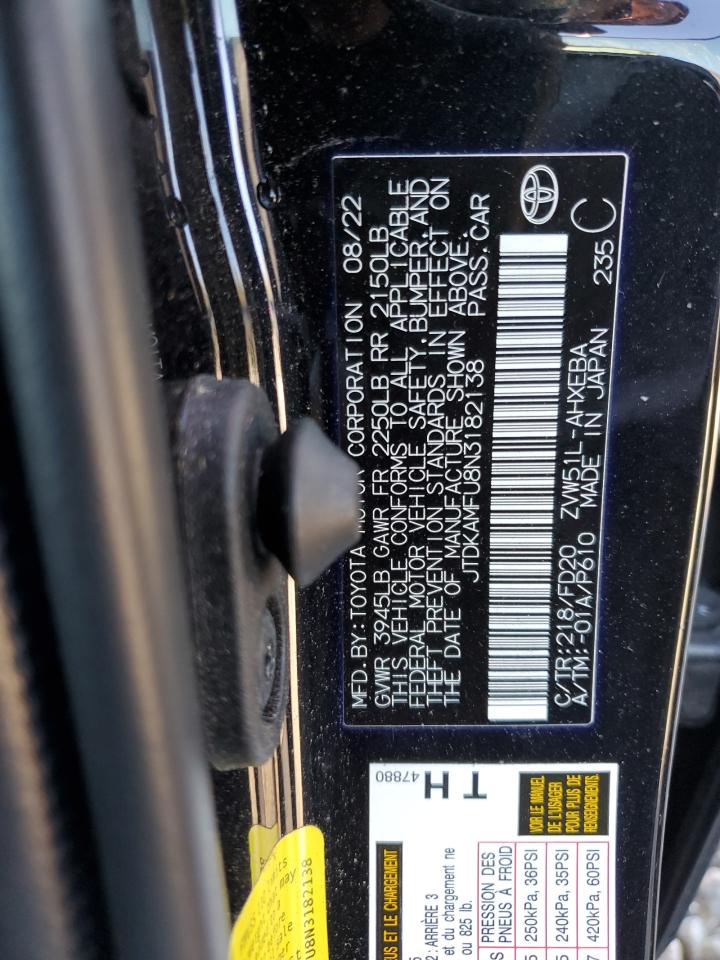 2022 TOYOTA PRIUS NIGHT SHADE VIN:JTDKAMFU8N3182138