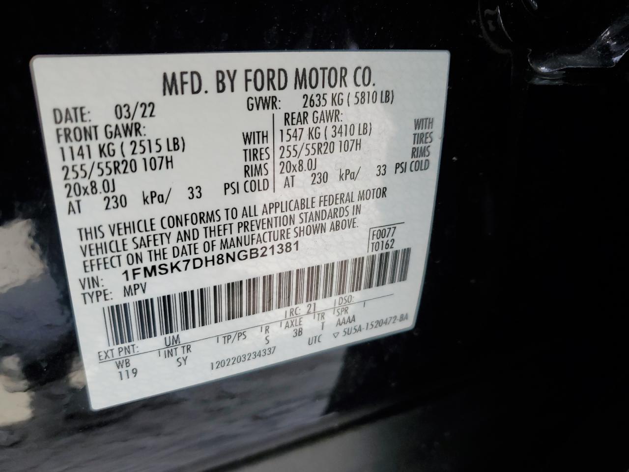 2022 FORD EXPLORER XLT VIN:1FMSK7DH8NGB21381