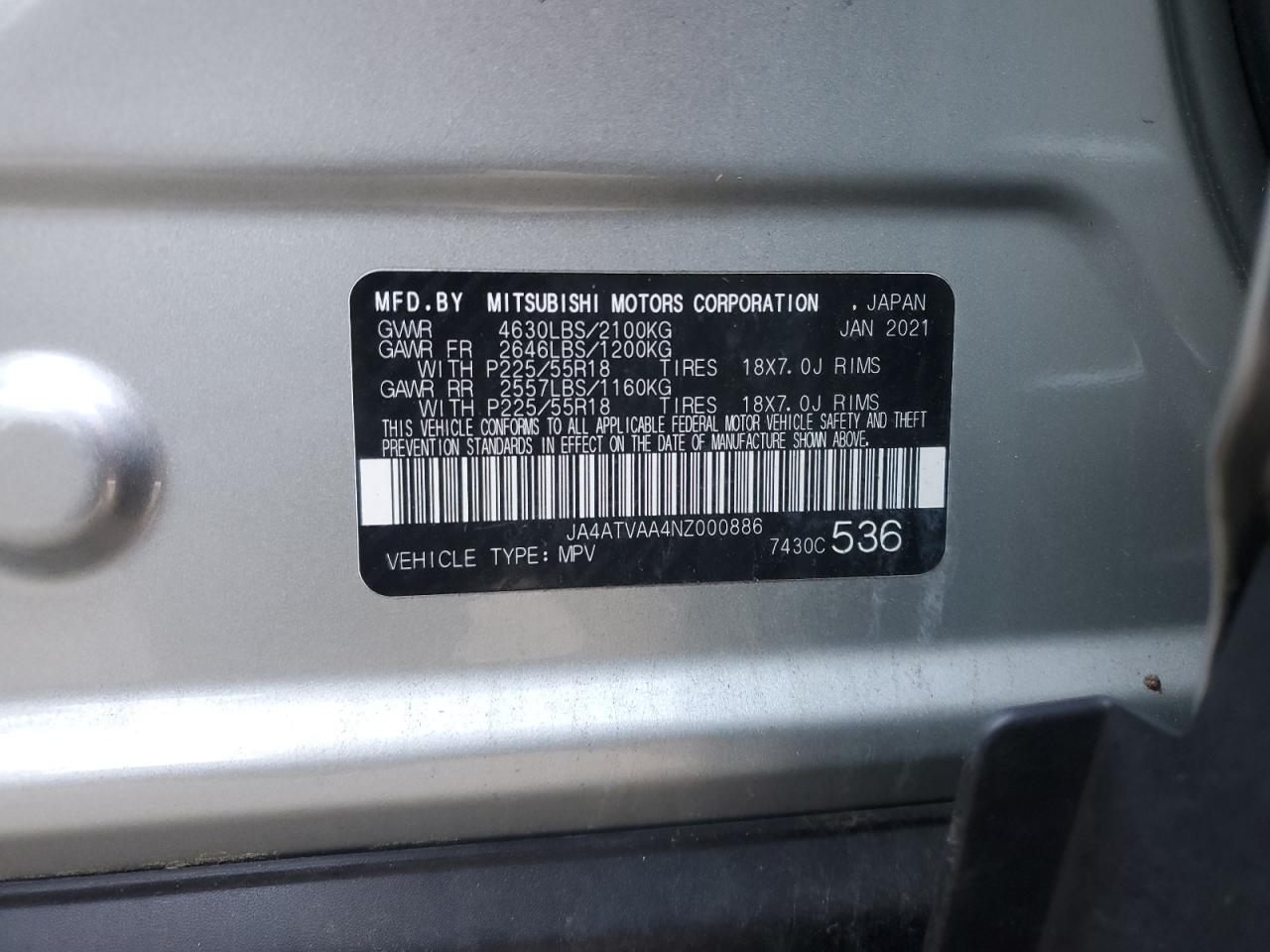 2022 MITSUBISHI ECLIPSE CROSS LE VIN:JA4ATVAA4NZ000886