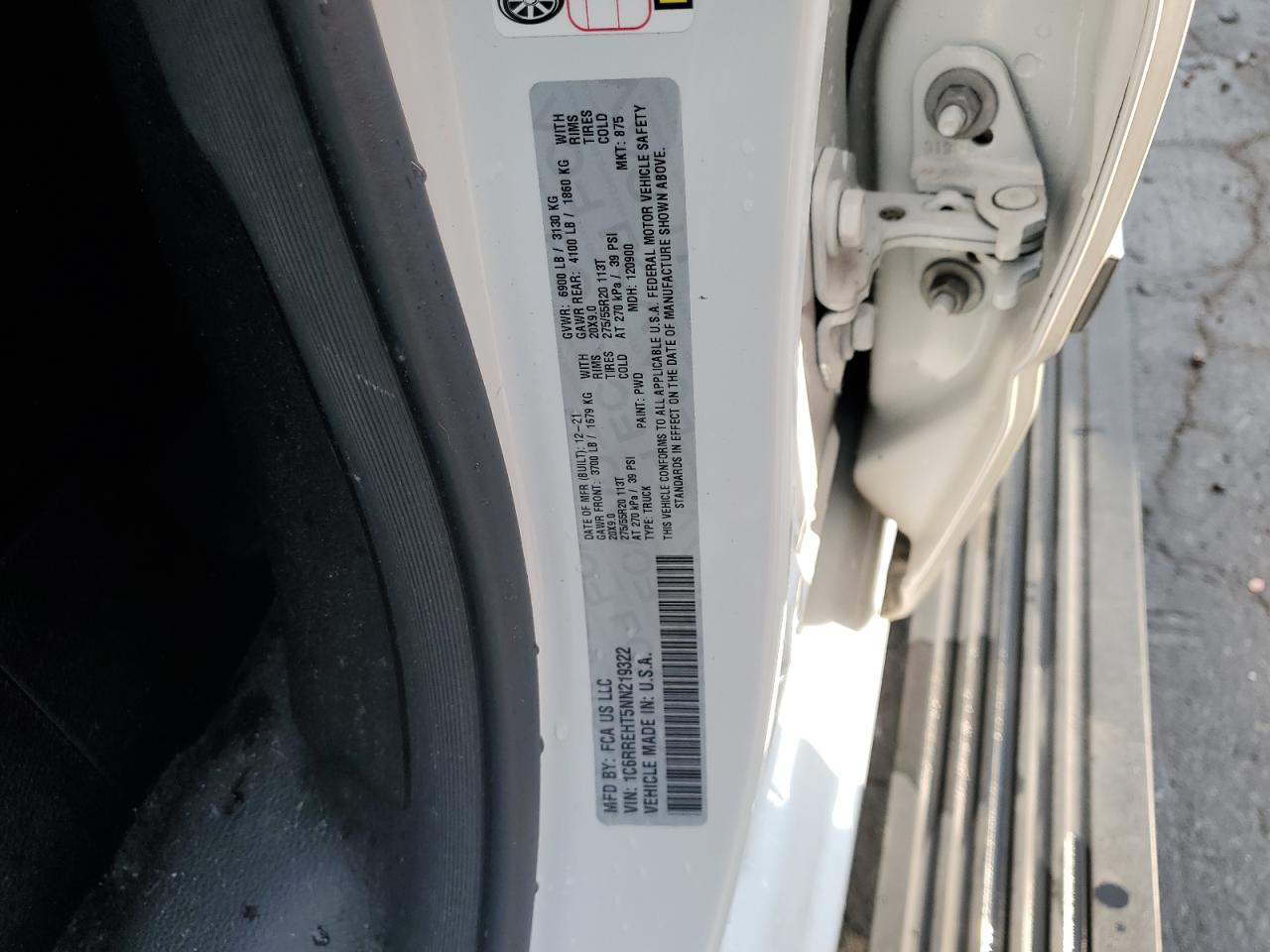 2022 RAM 1500 LIMITED VIN:1C6RREHT5NN219322