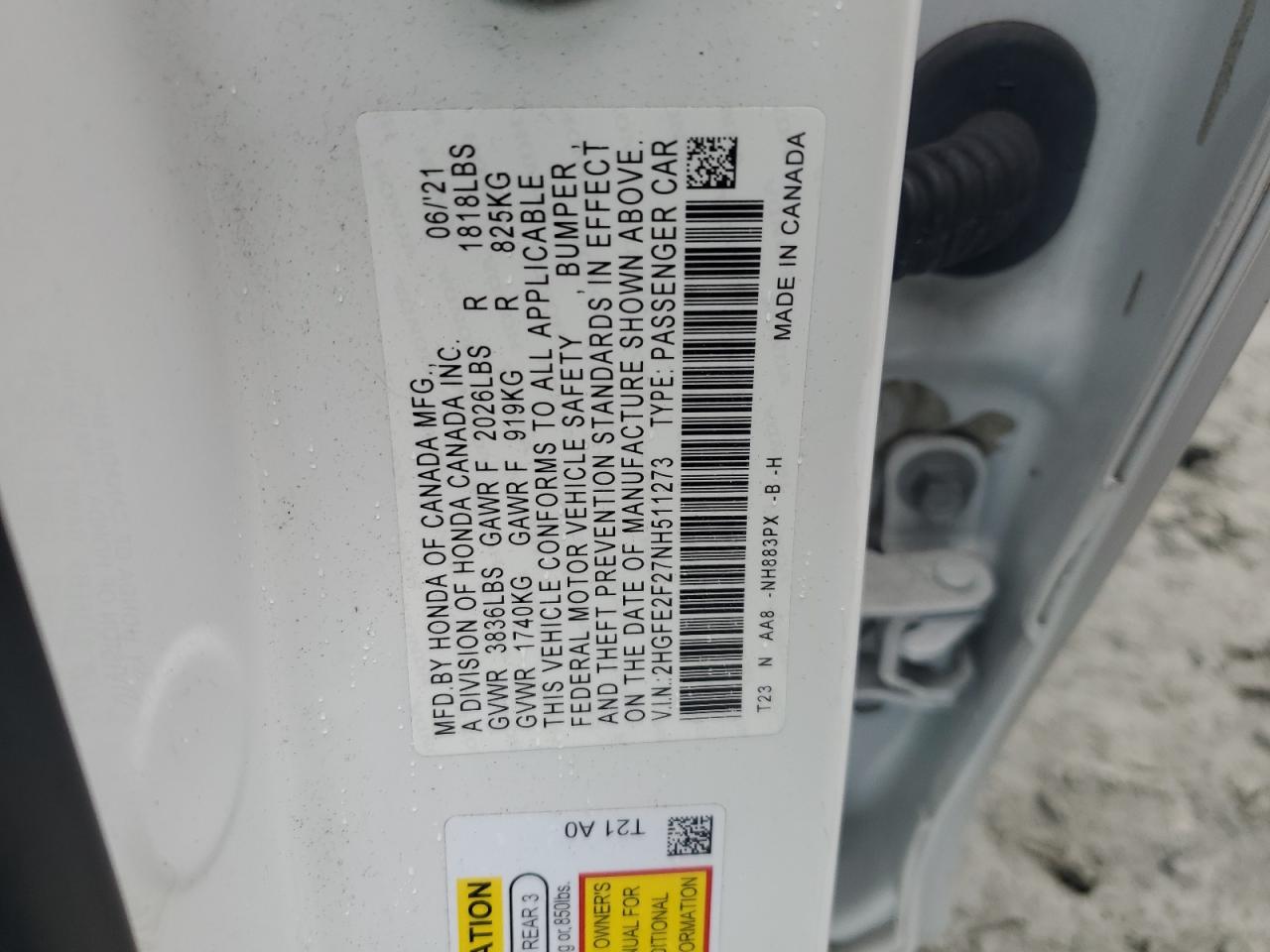 2022 HONDA CIVIC LX VIN:2HGFE2F27NH511273