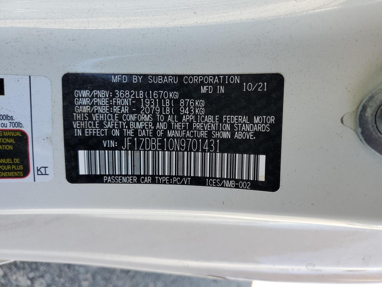 2022 SUBARU BRZ LIMITED VIN:JF1ZDBE10N9701431