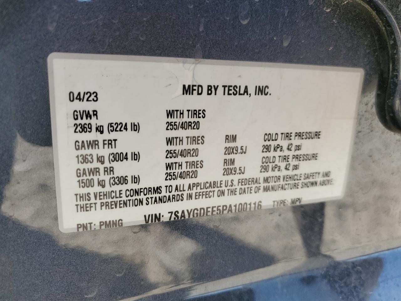 2023 TESLA MODEL Y  VIN:7SAYGDEE5PA100116