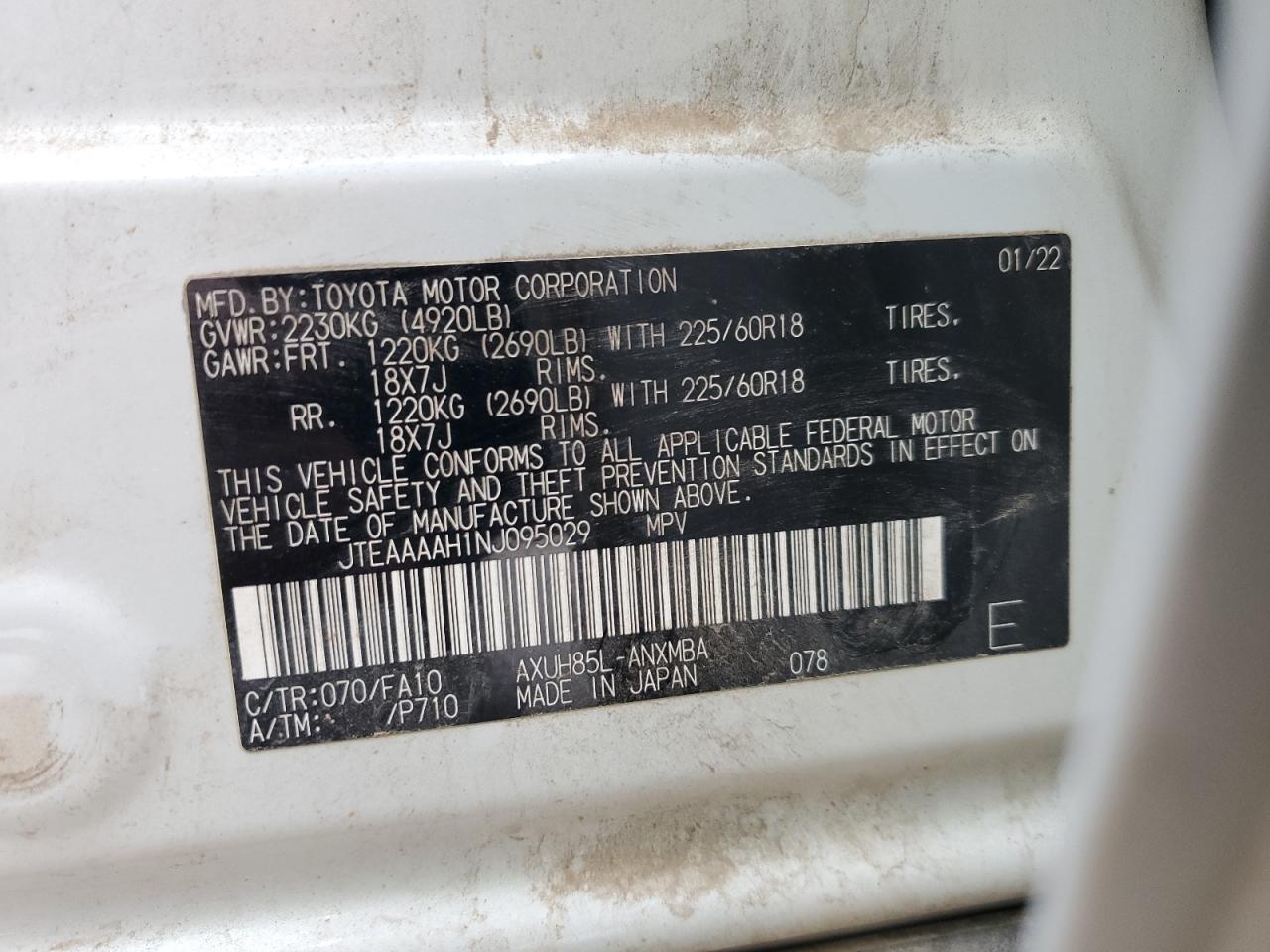 2022 TOYOTA VENZA LE VIN:JTEAAAAH1NJ095029