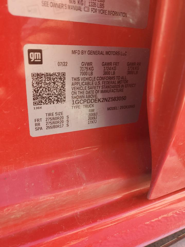 2022 CHEVROLET SILVERADO K1500 LT VIN:1GCPDDEK2NZ583050