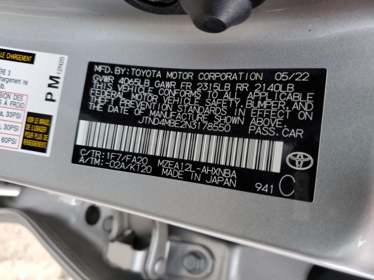2022 TOYOTA COROLLA SE VIN:JTND4MBE2N3178550