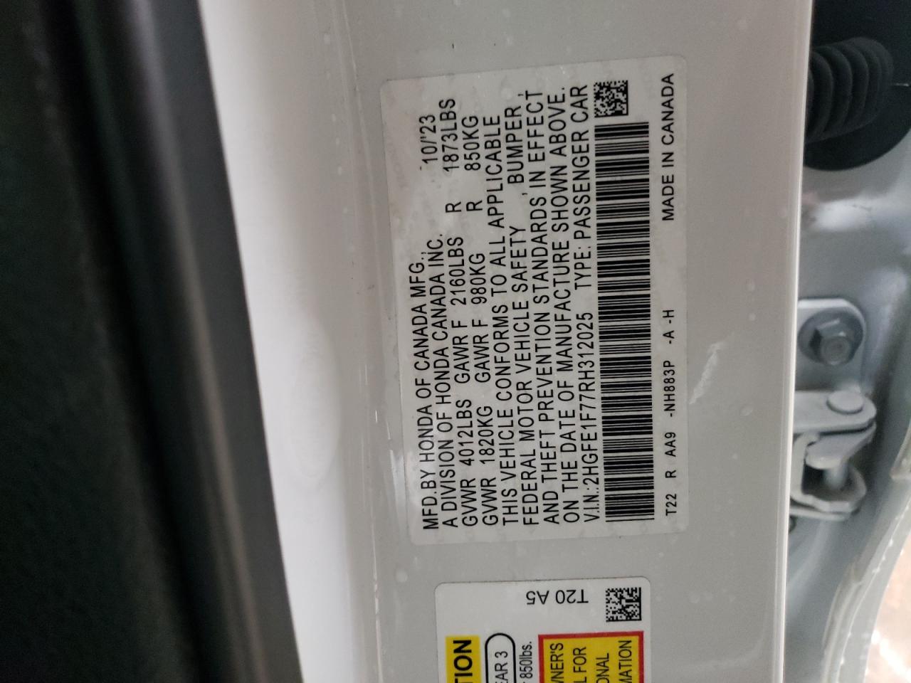 2024 HONDA CIVIC EX VIN:2HGFE1F77RH312025