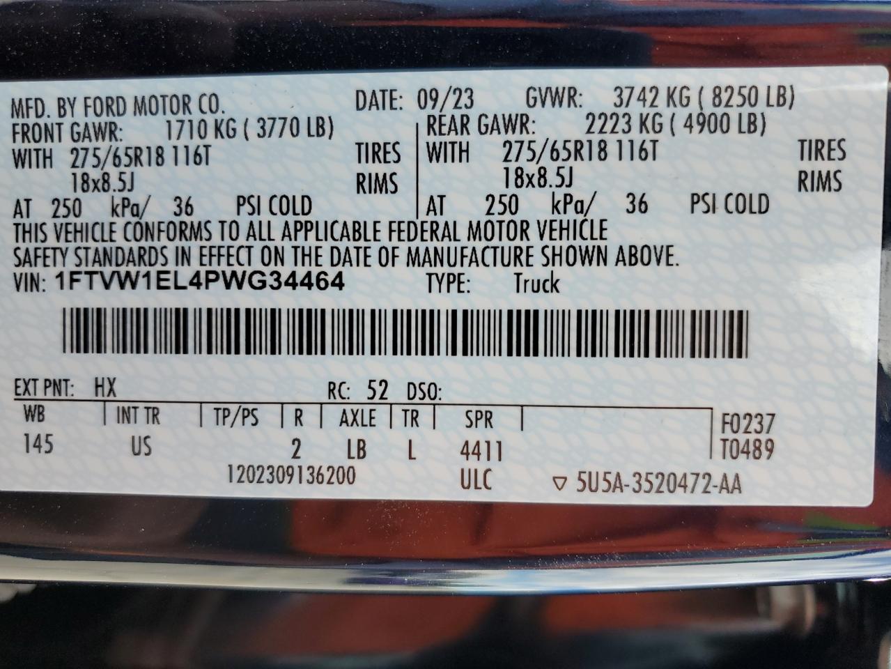 2023 FORD F150 LIGHTNING PRO VIN:1FTVW1EL4PWG34464