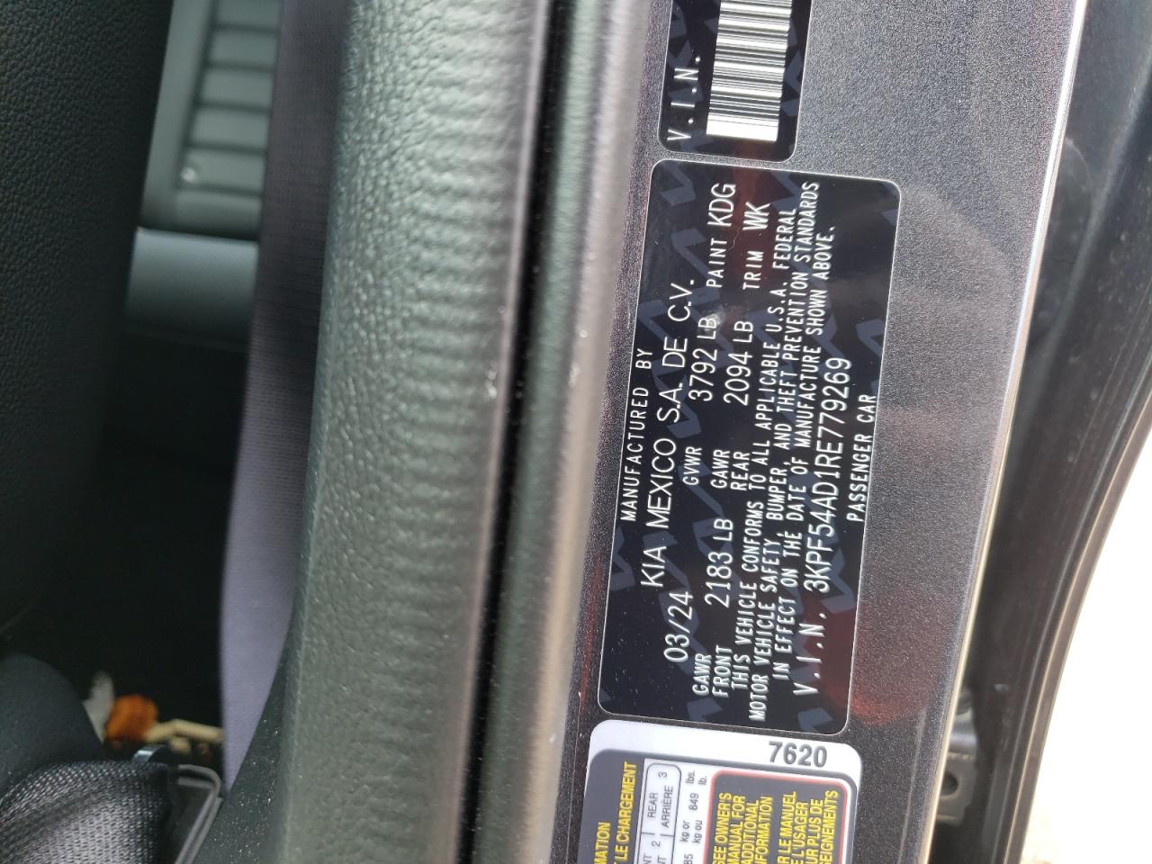 2024 KIA FORTE GT LINE VIN:3KPF54AD1RE779269