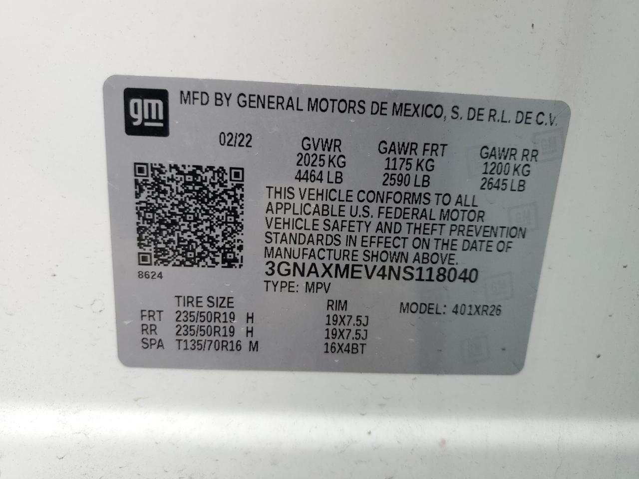 2022 CHEVROLET EQUINOX RS VIN:3GNAXMEV4NS118040