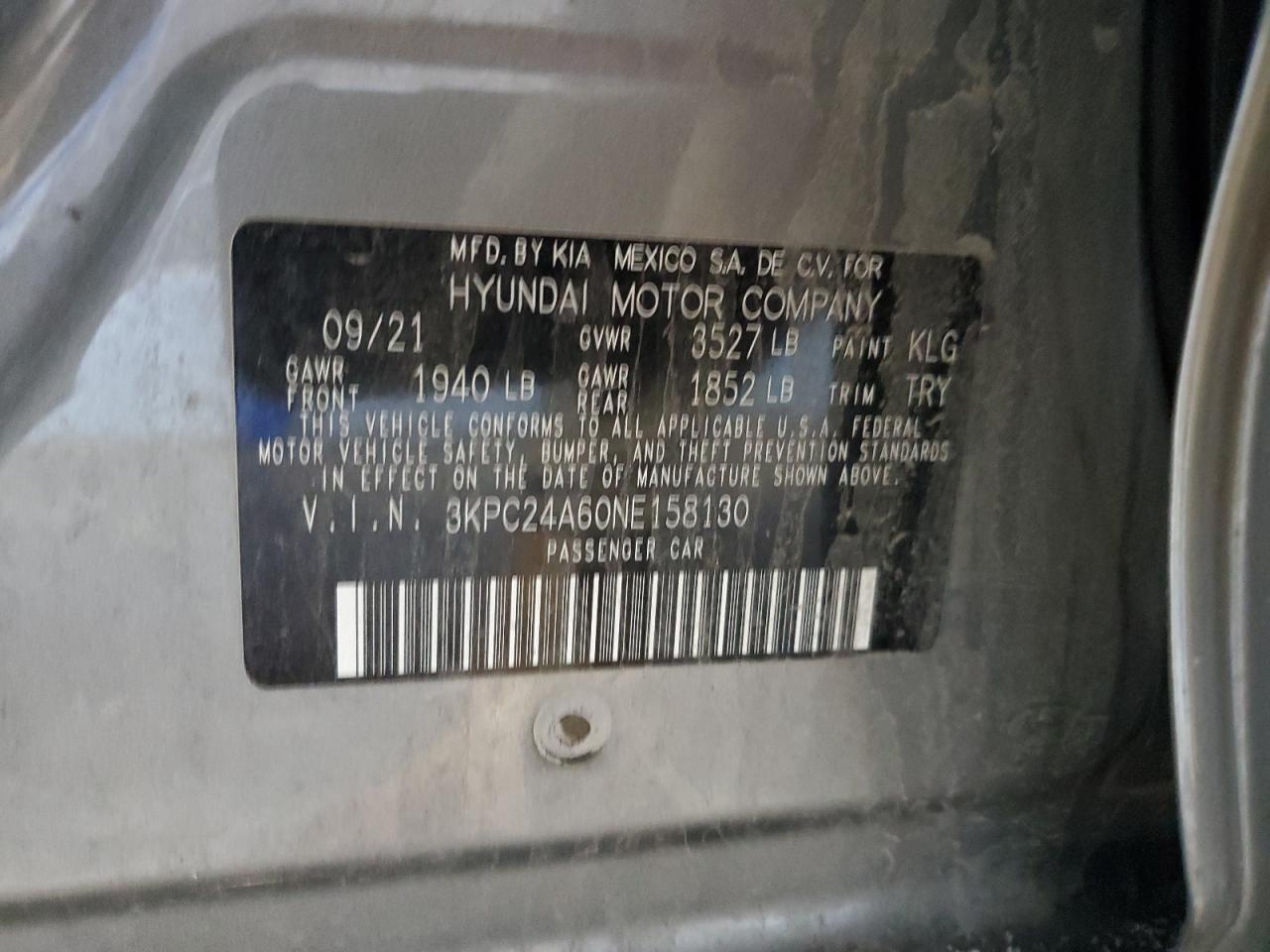 2022 HYUNDAI ACCENT SE VIN:3KPC24A60NE158130