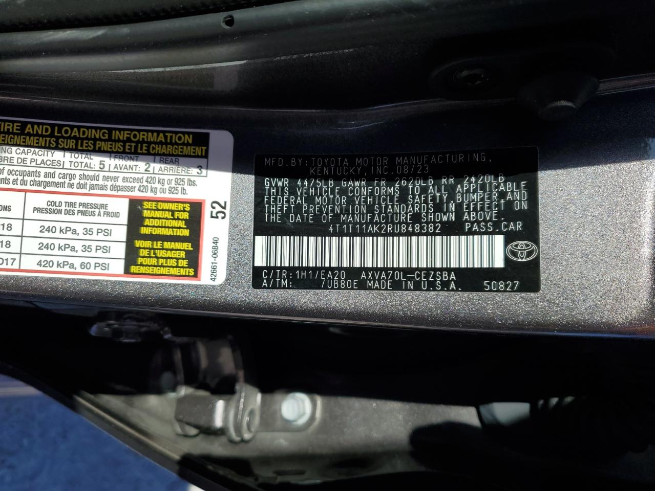 2024 TOYOTA CAMRY SE NIGHT SHADE VIN:4T1T11AK2RU848382