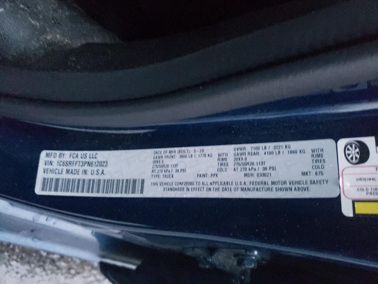 2023 RAM 1500 BIG HORN/LONE STAR VIN:1C6SRFFT3PN612023