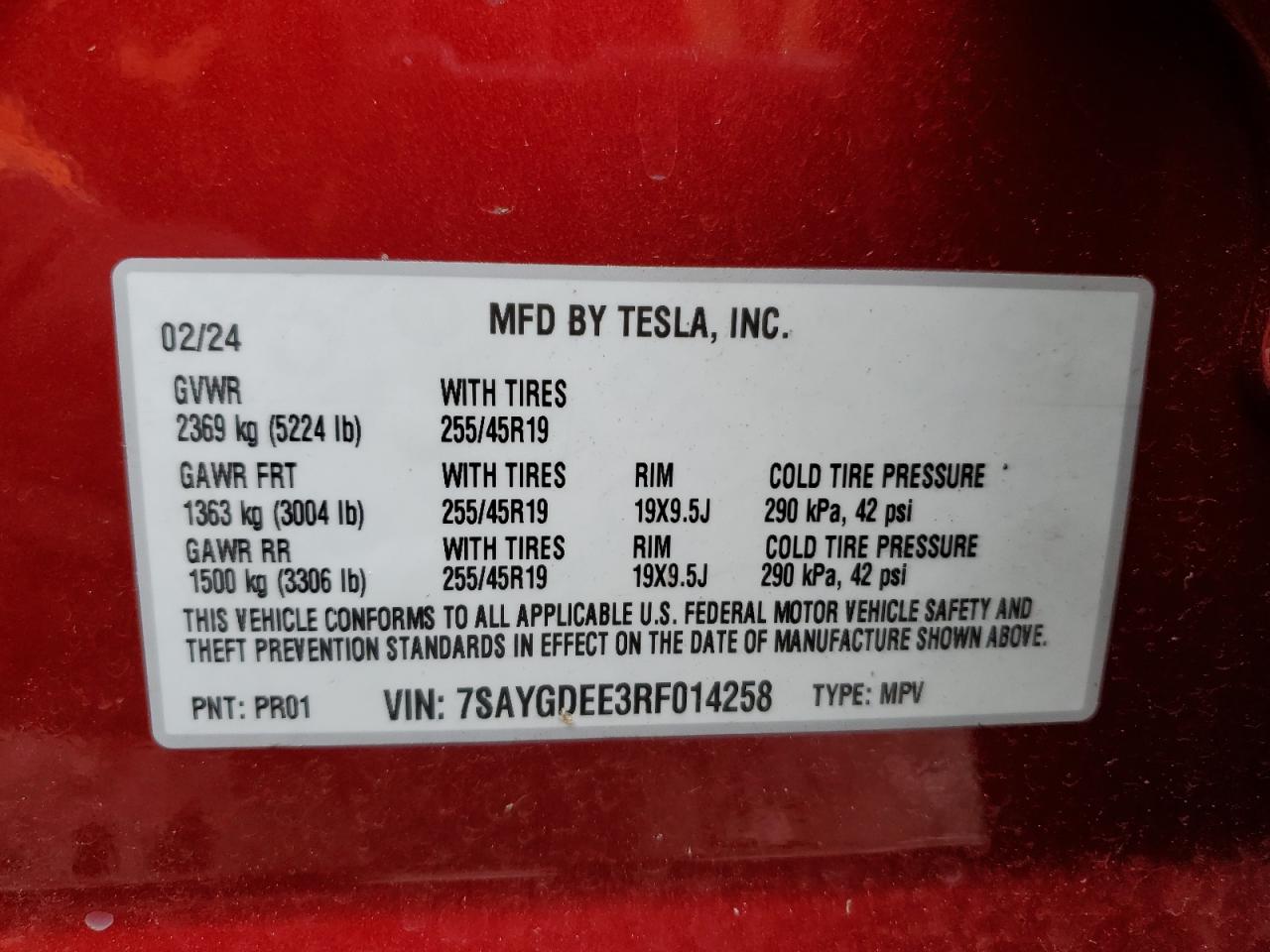 2024 TESLA MODEL Y  VIN:7SAYGDEE3RF014258