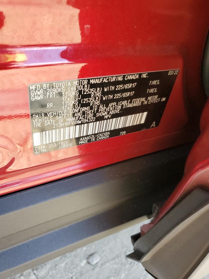 2022 TOYOTA RAV4 LE VIN:2T3H1RFVXNW194322