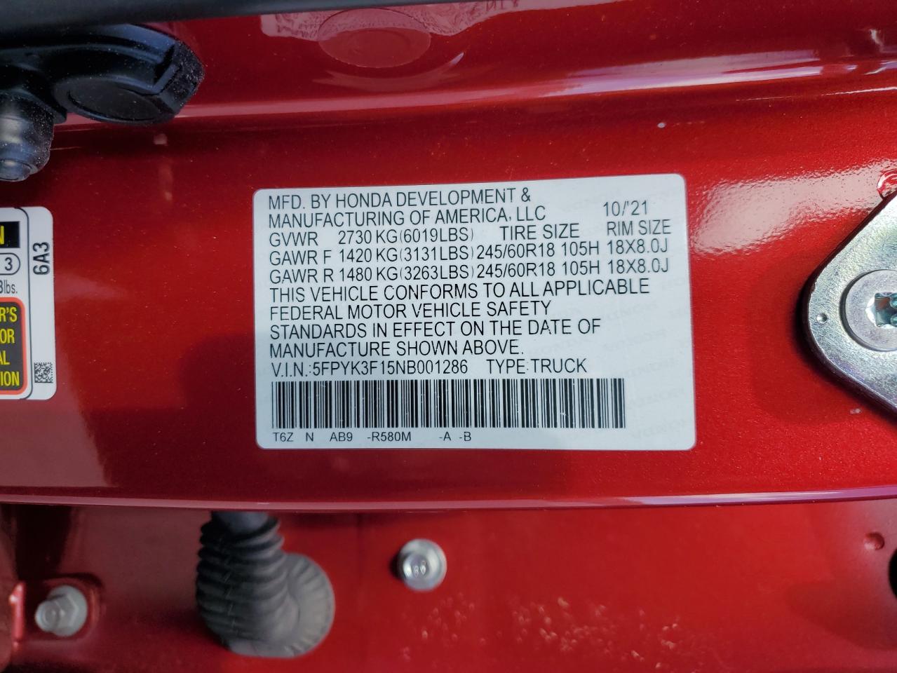 2022 HONDA RIDGELINE SPORT VIN:5FPYK3F15NB001286
