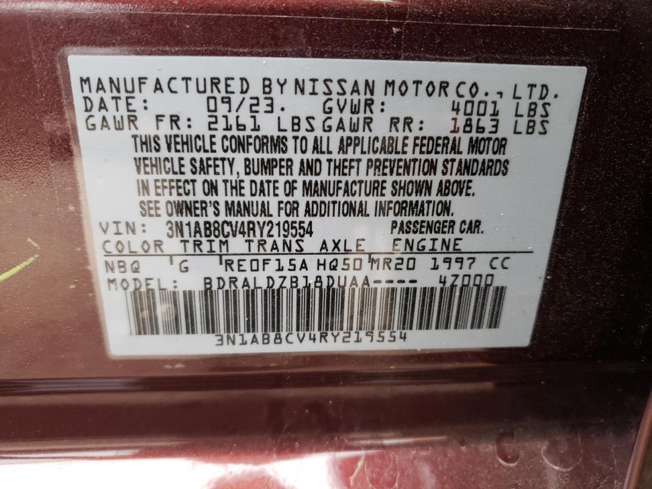 2024 NISSAN SENTRA SV VIN:3N1AB8CV4RY219554