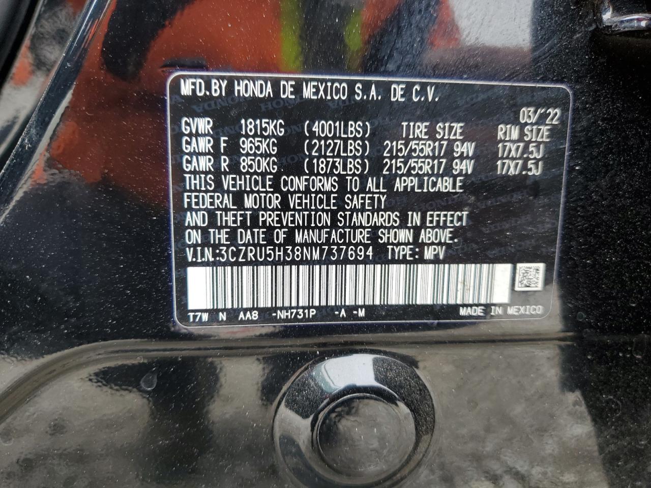 2022 HONDA HR-V LX VIN:3CZRU5H38NM737694