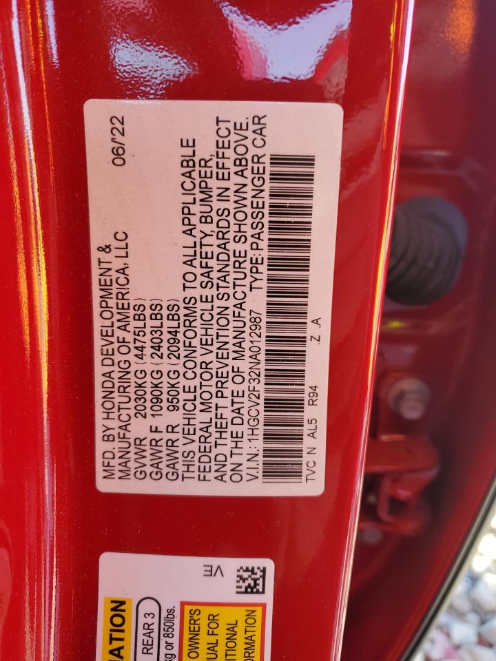 2022 HONDA ACCORD SPORT VIN:1HGCV2F32NA012987