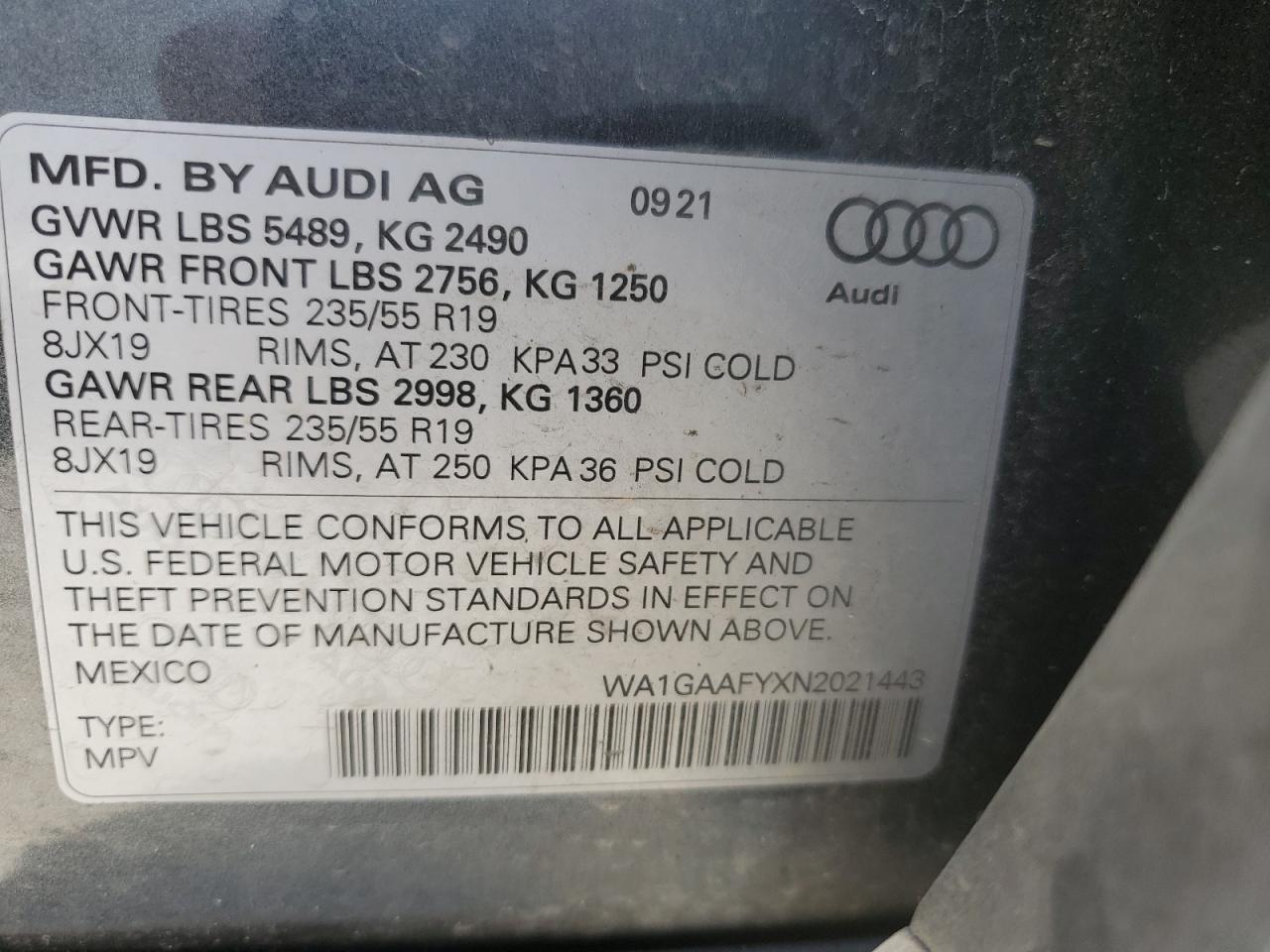 2022 AUDI Q5 PREMIUM 45 VIN:WA1GAAFYXN2021443