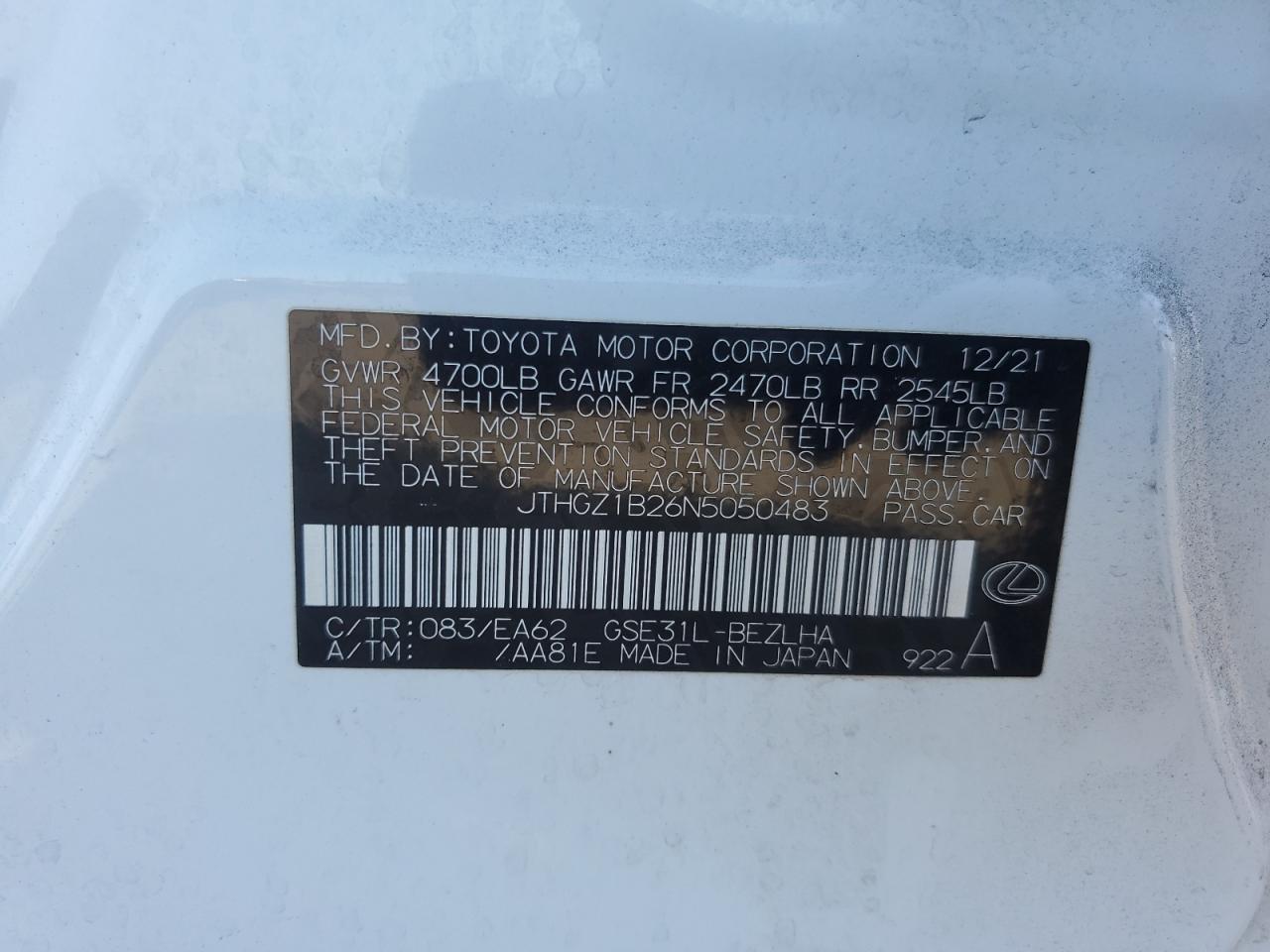 2022 LEXUS IS 350 F SPORT VIN:JTHGZ1B26N5050483