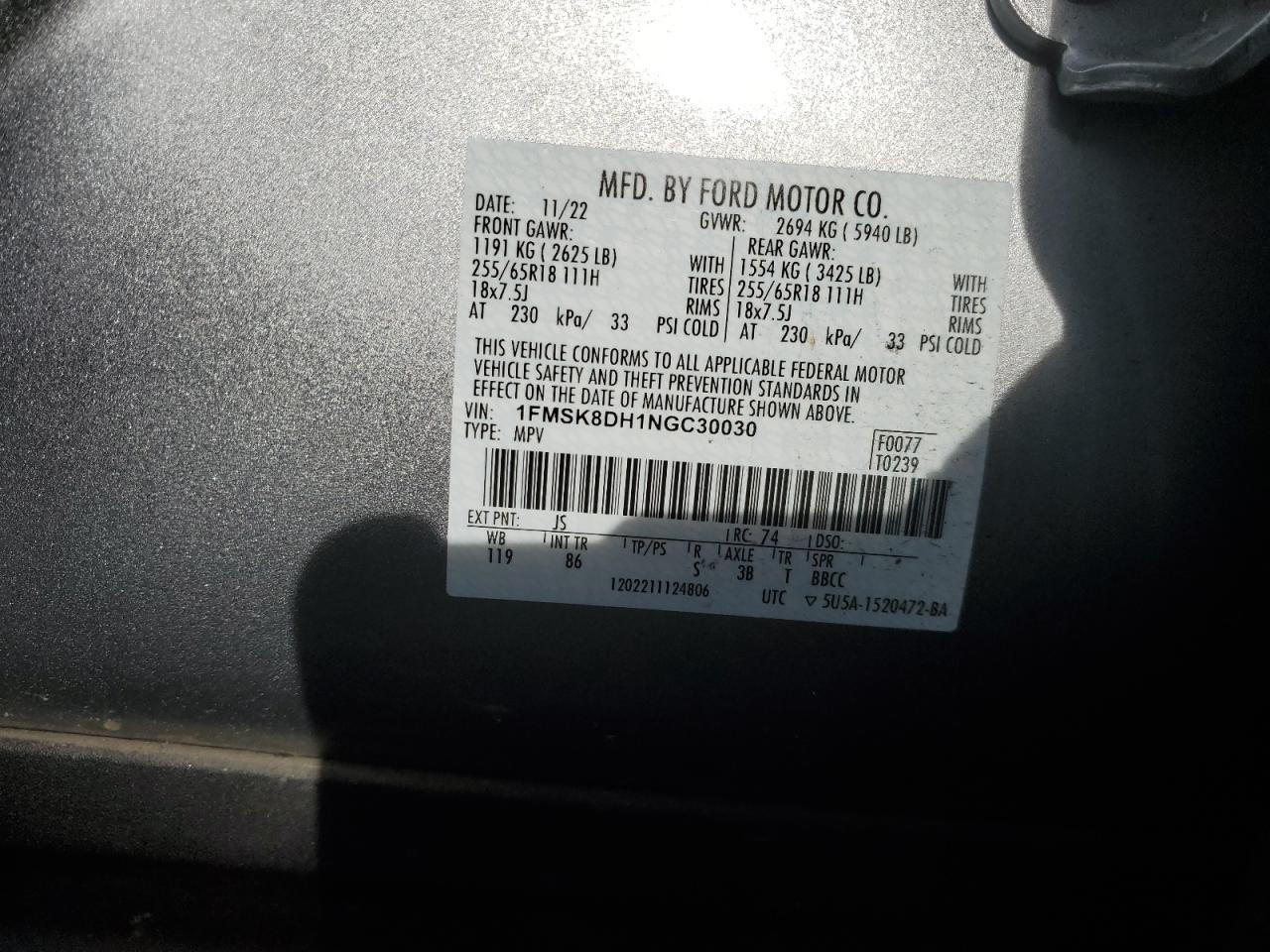 2022 FORD EXPLORER XLT VIN:1FMSK8DH1NGC30030