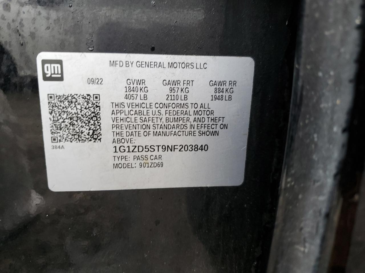 2022 CHEVROLET MALIBU LT VIN:1G1ZD5ST9NF203840