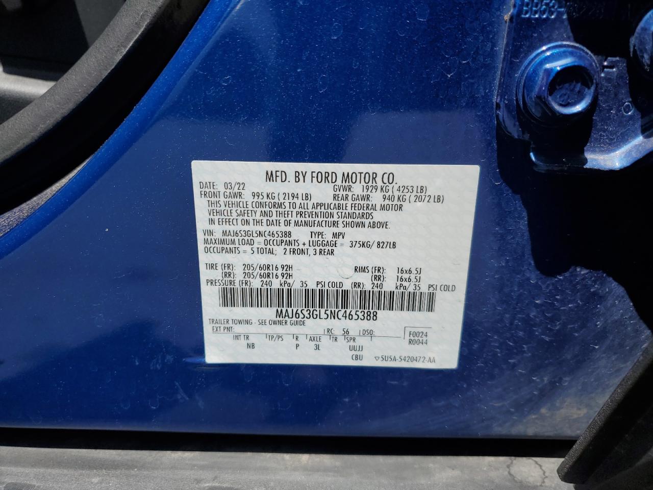 2022 FORD ECOSPORT SE VIN:MAJ6S3GL5NC465388