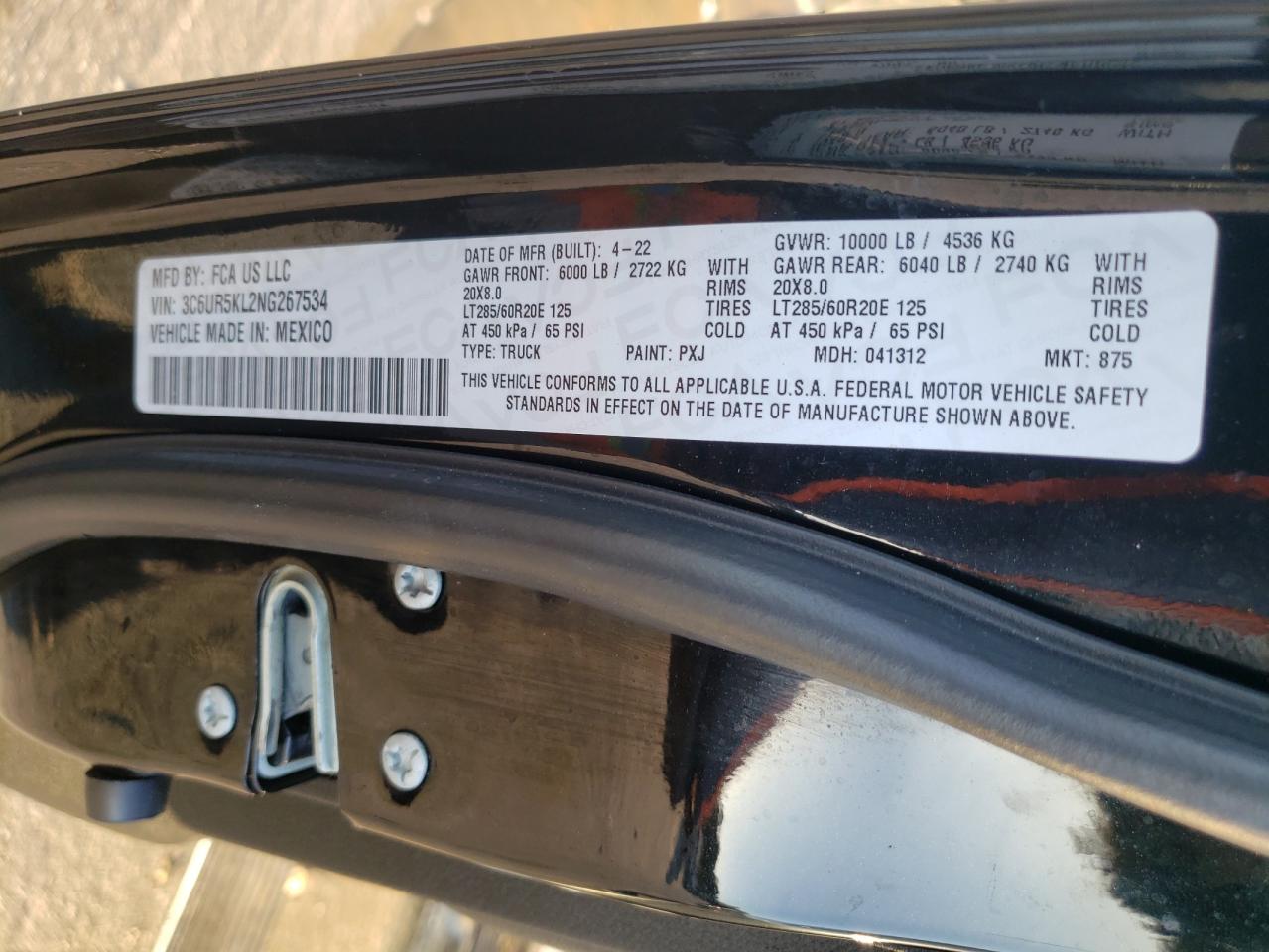 2022 RAM 2500 LARAMIE VIN:3C6UR5KL2NG267534