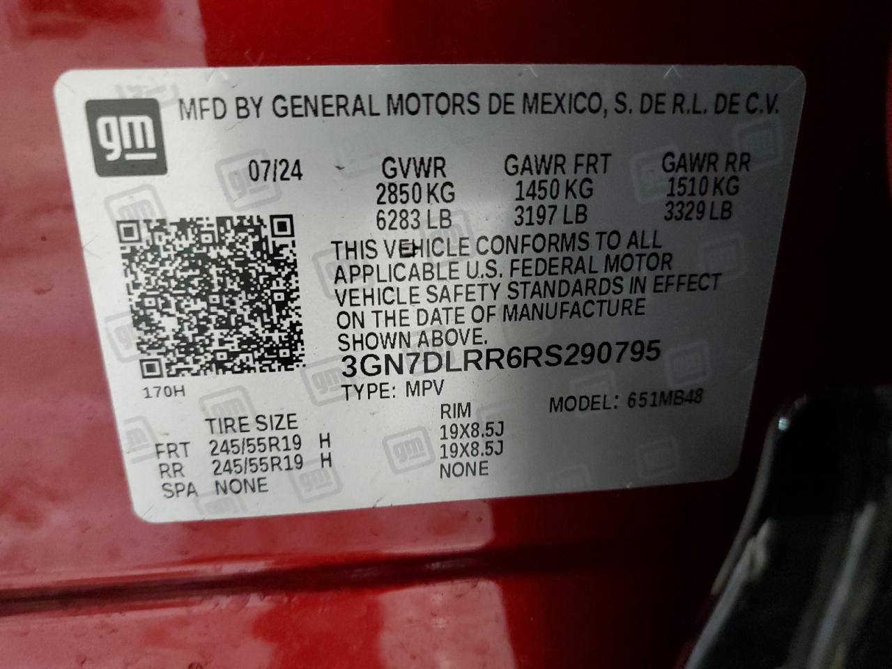 2024 CHEVROLET EQUINOX 2LT VIN:3GN7DLRR6RS290795