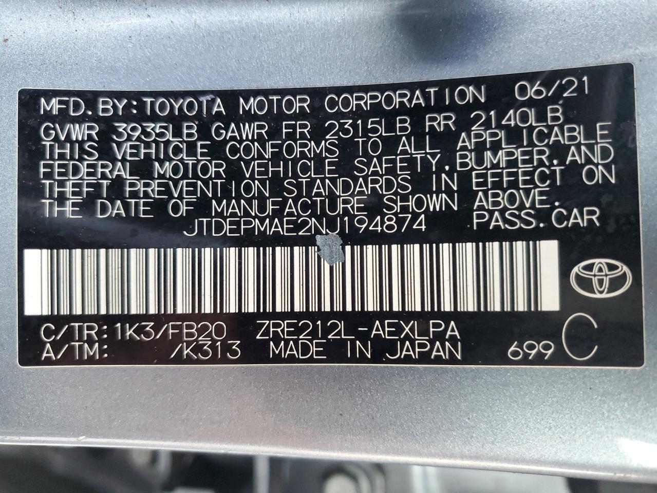 2022 TOYOTA COROLLA LE VIN:JTDEPMAE2NJ194874