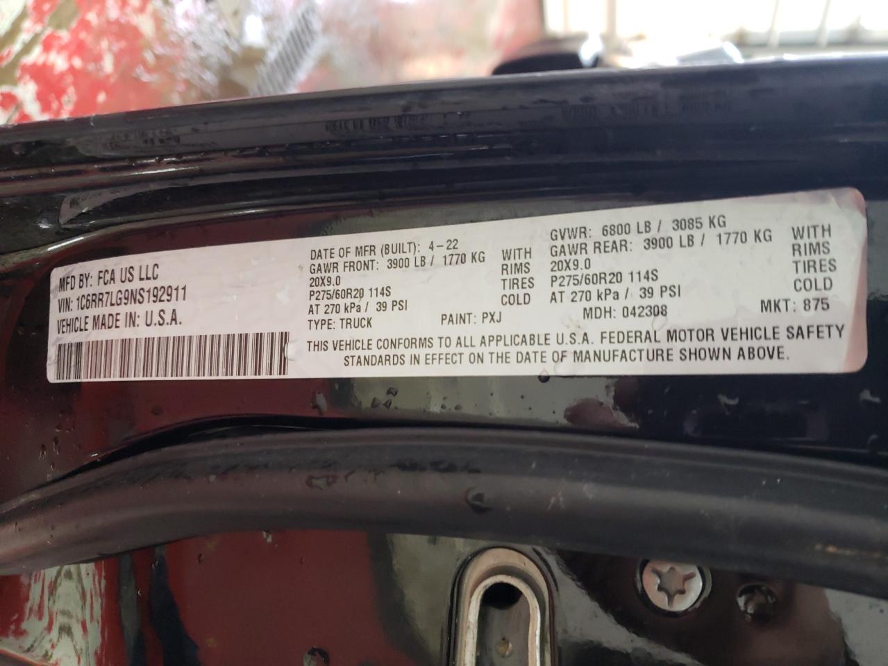 2022 RAM 1500 CLASSIC SLT VIN:1C6RR7LG9NS192911