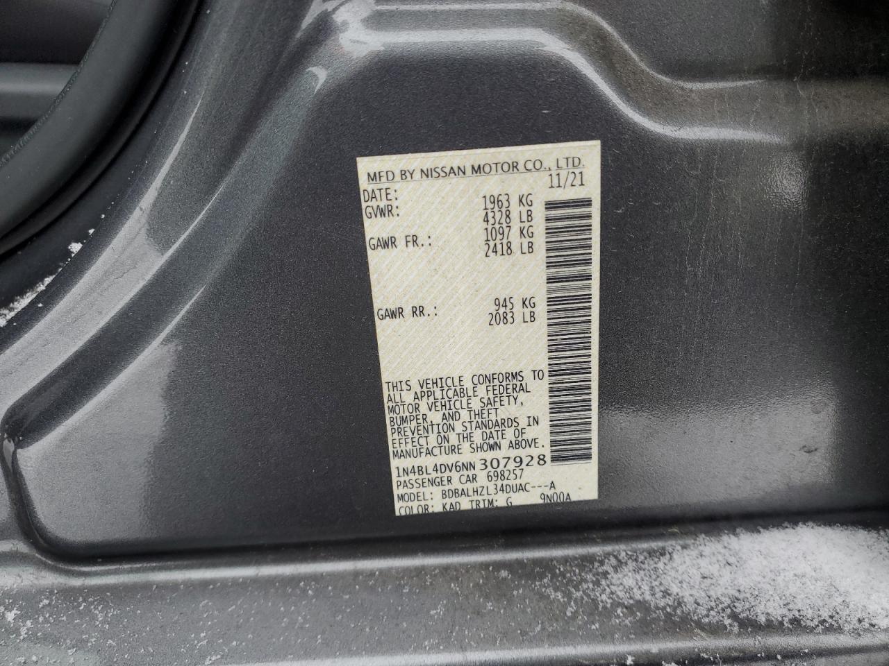 2022 NISSAN ALTIMA SV VIN:1N4BL4DV6NN307928