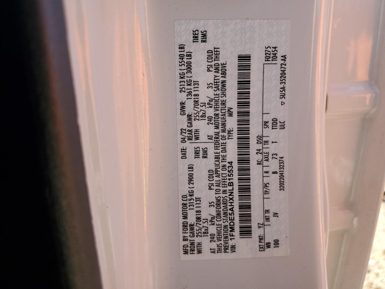 2022 FORD BRONCO BASE VIN:1FMDE5AHXNLB15534